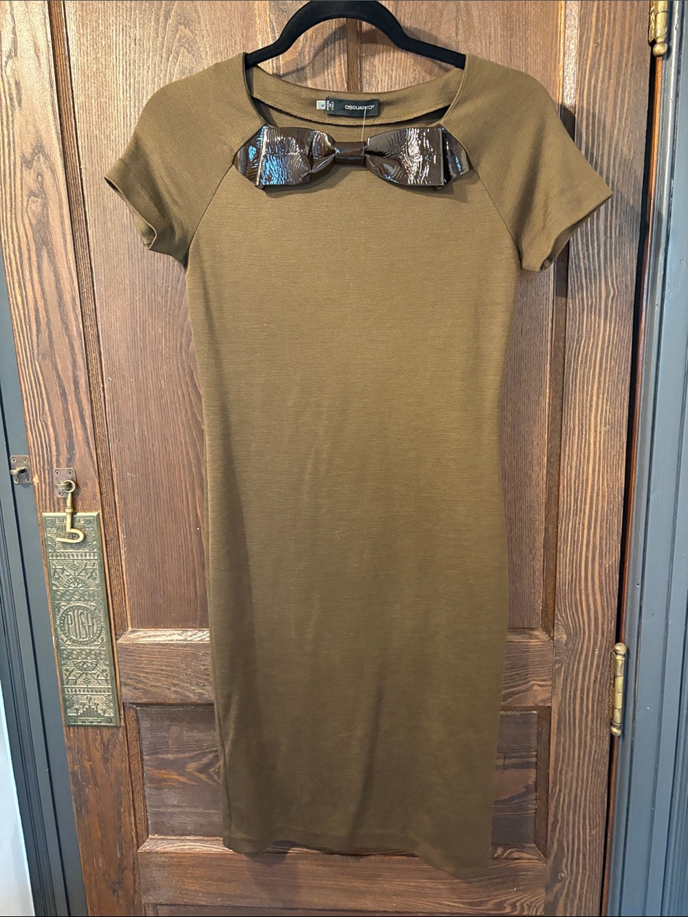 DSQUARED2 Olive Shift Dress with Glossy Brown Bow